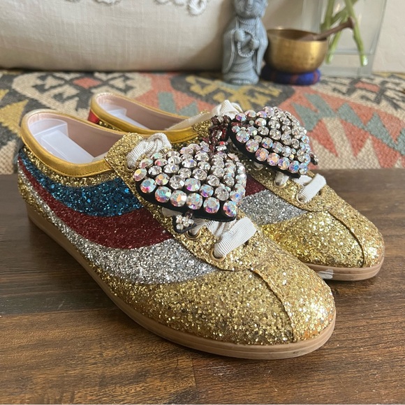 GUCCI Rare ‘Falacer’ Gold Glitter Cupid Heart Sneakers EU38 - Picture 5 of 15